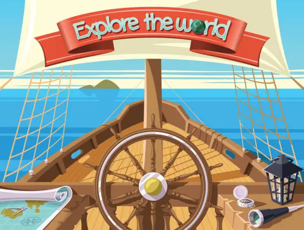 Vector illustration of Explore the world with sailing ship