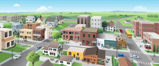 illustrazioni stock, clip art, cartoni animati e icone di tendenza di panorama della strada principale - small town america