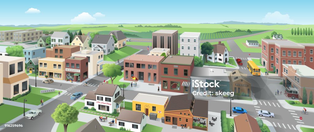 Main Street Panorama A wide view of a small town downtown area on a sunny day. Small Town stock vector