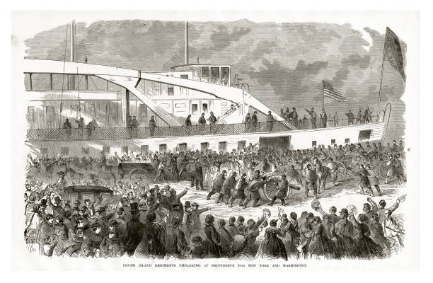 rhode island regimenter einschiffung in providence für new york und washington bürgerkrieg gravur - 1861 stock-grafiken, -clipart, -cartoons und -symbole