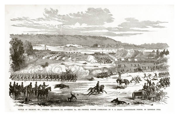 illustrations, cliparts, dessins animés et icônes de bataille de belmont, dans le missouri en face de columbus, le kentucky, 7 novembre 1861, la guerre civile gravure - civil war american civil war battlefield camping