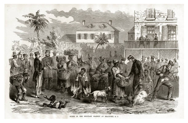 Scene in the Military Market at Beaufort, South Carolina, 1861 Civil War Engraving Engraving of Scene in the Military Market at Beaufort, South Carolina, 1861 Civil War Engraving from "Famous Leaders and Battle Scenes of the Civil War," Published in 1864. Original edition from my own archives. Copyright has expired on this artwork. Digitally restored. american slavery stock illustrations