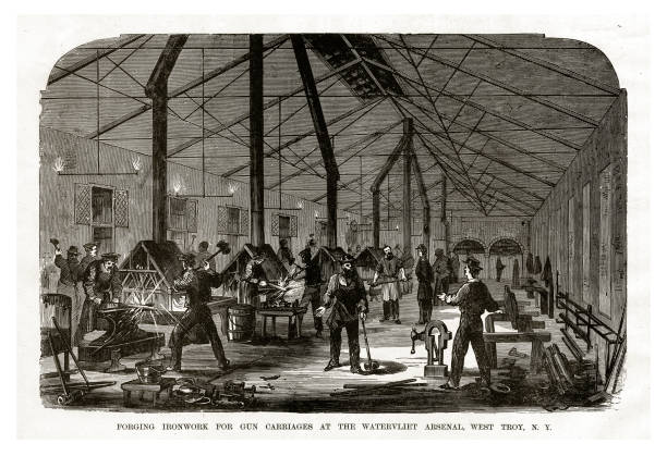 Engraving of Forging Ironwork for Gun Carriages at the Watervliet Arsenal, West Troy, New York, 1861 Civil War Engraving from 