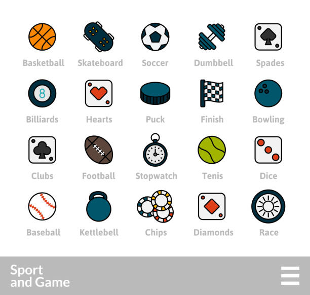 очертые иконки тонкий плоский дизайн, современный стиль хода линии - tennis ball sport leisure games gambling chip stock illustrations