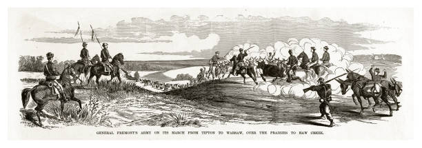 ilustrações, clipart, desenhos animados e ícones de exército de fremonts geral na sua marcha de tipton para varsóvia sobre o praires para haw creek, missouri, gravura de guerra civil de 1861 - civil war general engraving men