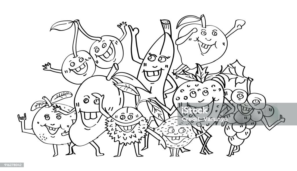 Cute fruits hand drawn,cartoon character doodle style,coloring book page and Party concept,design For adults and children,vector,illustration Apple - Fruit stock vector