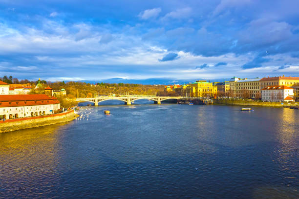 View of Mala Strana over Vltava river at winter sunny day. Prague, Czech Republic