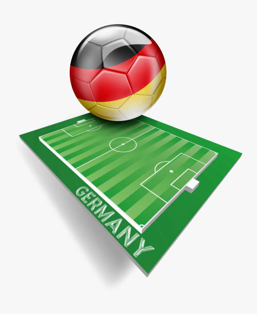 istock Germany button with german flag on green soccer field with team name 916281100