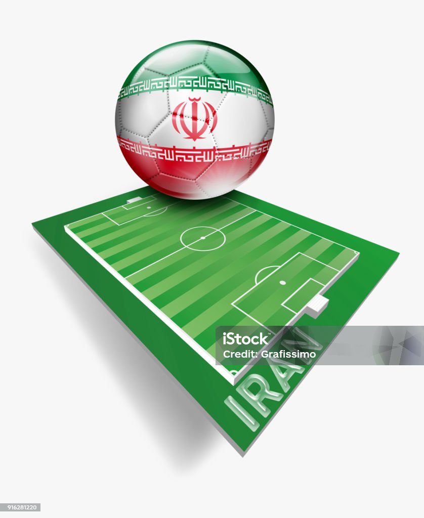 Botão de Irã com bandeira iraniana no campo de futebol verde com o nome da equipe - Ilustração de 2018 royalty-free