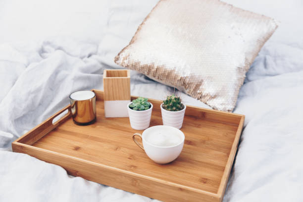 istock Coffee cup on tray. Styled morning at home 916285046