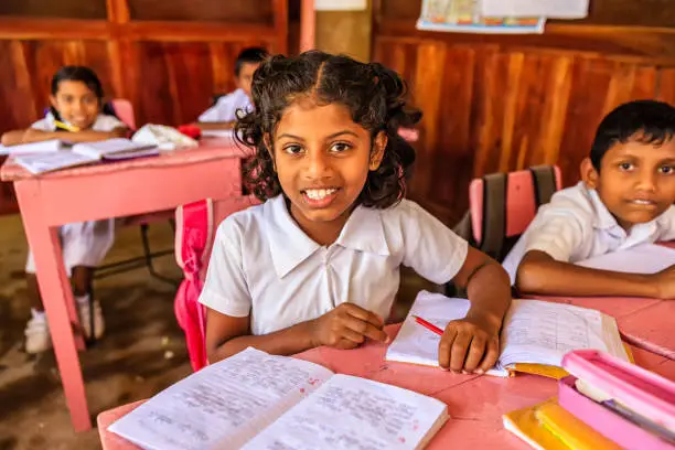Sri Lankan school children in classroom, Sigiriya, Ceylon.