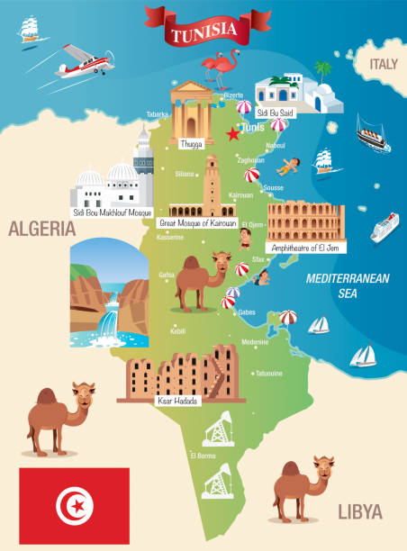 튀니지의 벡터 만화 지도 - tunisia stock illustrations