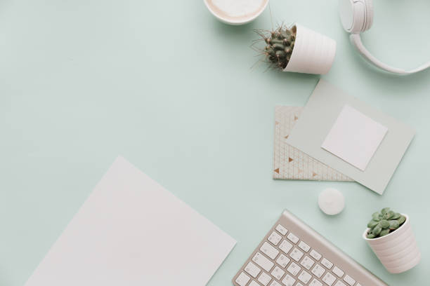 istock Modern Pastel Hipster Flat Lay With white elements. Keyboard, empty blank, potted flowers 916288690