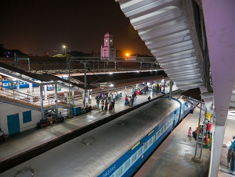 Mysore, Karnataka, India. January 14, 2018. Passengers are heading for their wagon before the departure of the night train from Mysore to Chennai.