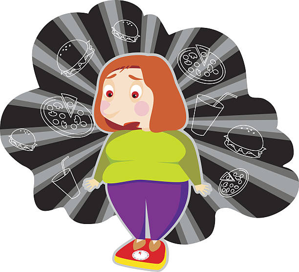 fat woman on a weigher surrounded by foods vector art illustration