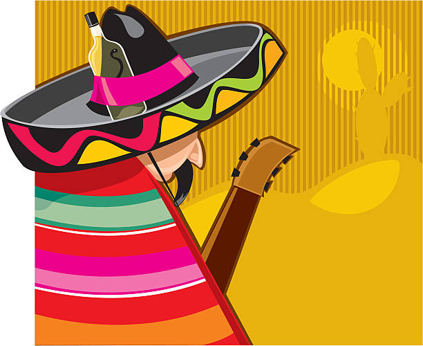 The Mexican A mexican falls asleep in the sun wearing a sombrero with a tequila bottle tucked into the band. Blank space for copy. mexican sarape stock illustrations