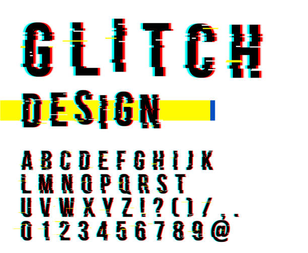Trendy style distorted glitch typeface. Letters and numbers vector illustration. Glitch font design. Trendy style distorted glitch typeface. Letters and numbers vector illustration. Glitch font design distorted font stock illustrations
