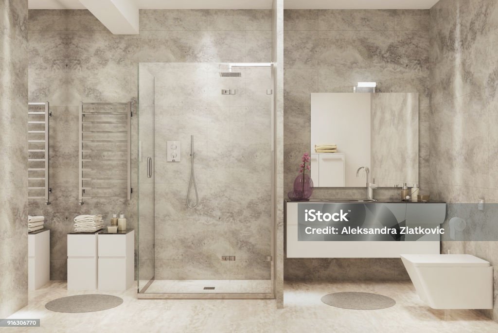 Modern Bathroom Picture of modern minimalistic bathroom. Render image. Shower Stock Photo