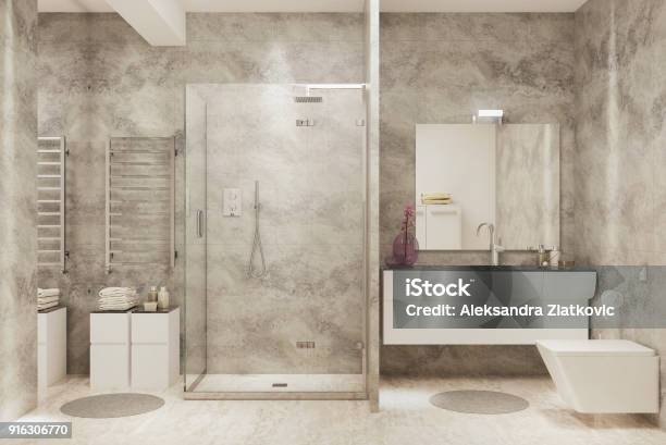Modern Bathroom Stock Photo - Download Image Now - Shower, Bathroom, Marble - Rock