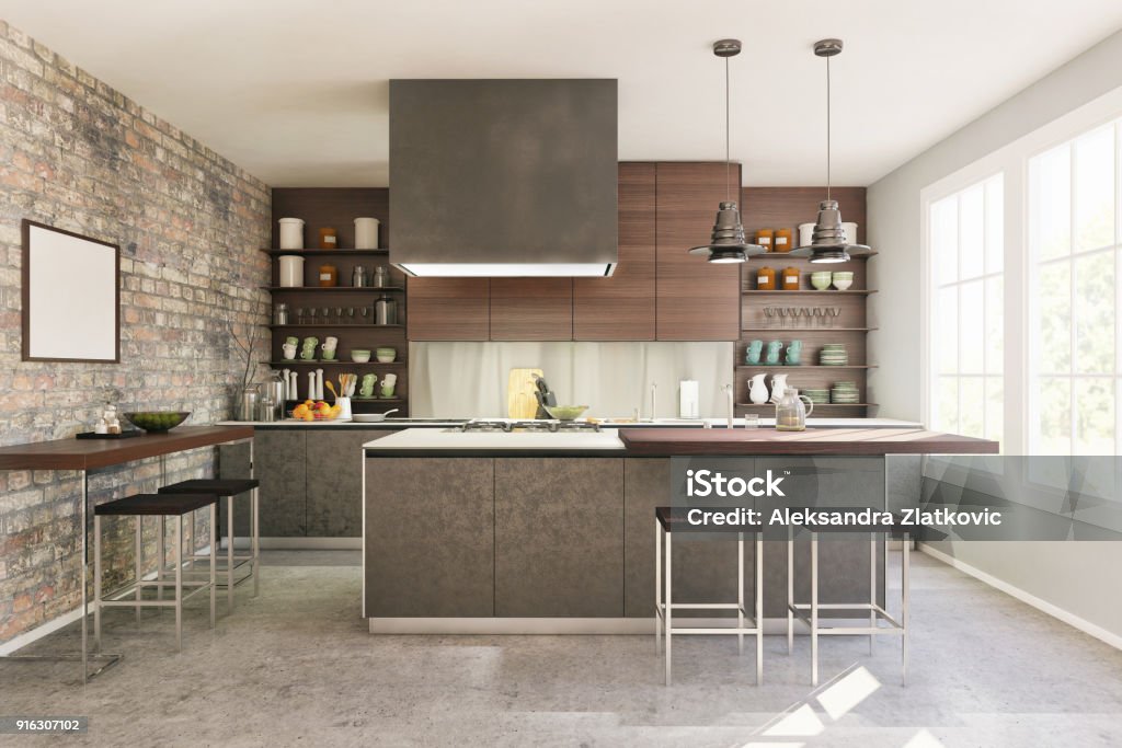 Modern domestic kitchen Picture of modern domestic kitchen. Render image. Kitchen Stock Photo