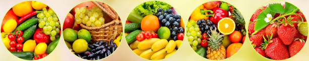 istock Panorama fresh fruits and vegetables in round frame 916307436