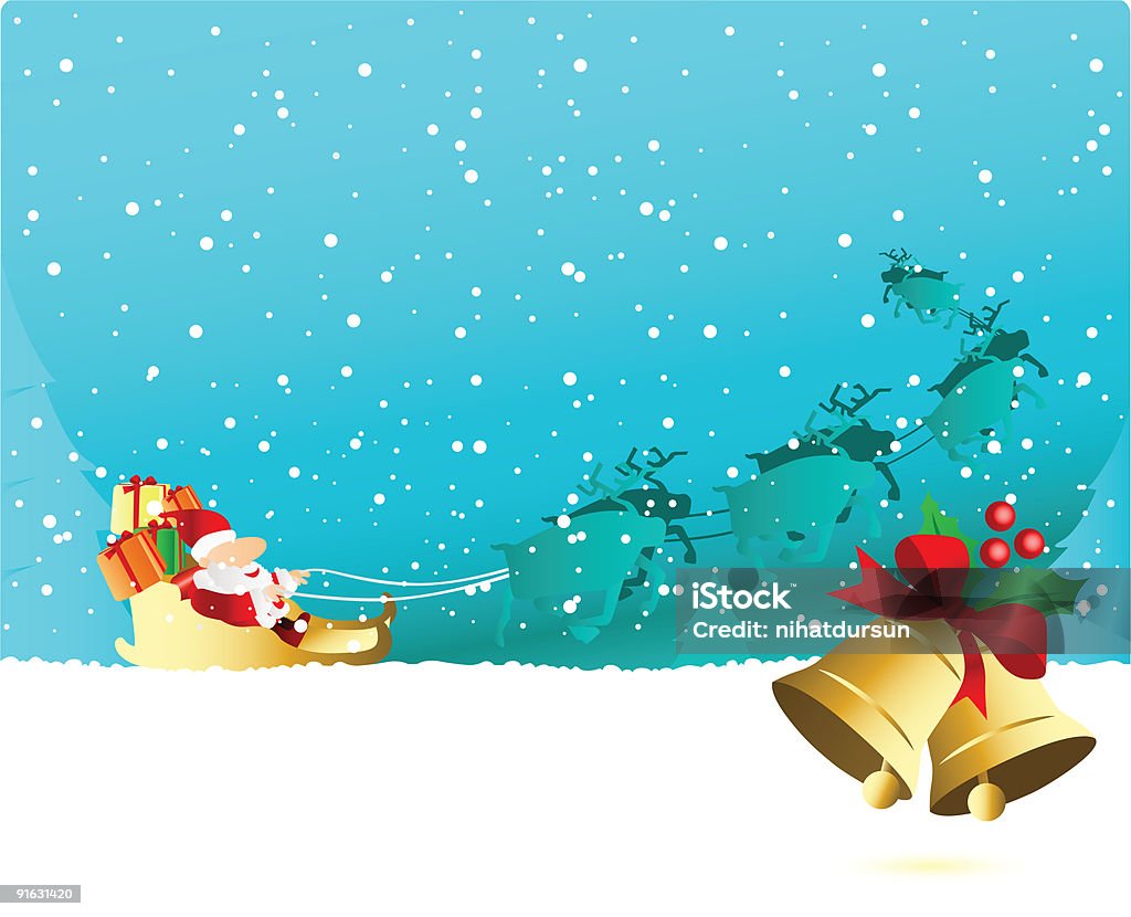 Santa con trineo con renos y su oro bell - Ilustración de stock de Acebo libre de derechos