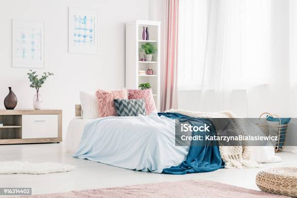 Pink And Blue Bedroom Interior Stock Photo - Download Image Now - Adult, Apartment, Bed - Furniture