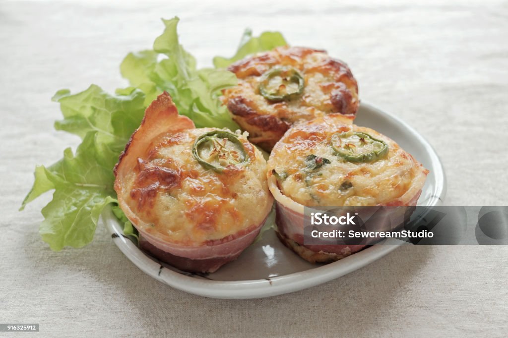 Bacon egg muffins with  jalapeno, low carbs, ketogenic food Fat - Nutrient Stock Photo