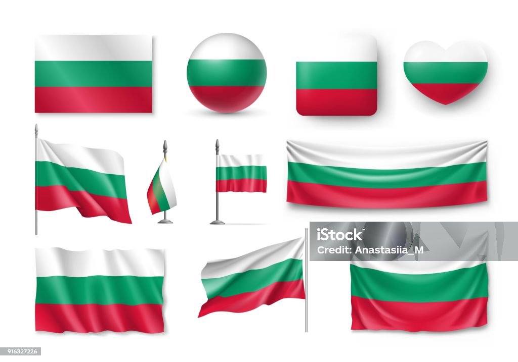 Set Bulgaria banderas, pancartas, símbolos, icono de plano - arte vectorial de Arte libre de derechos