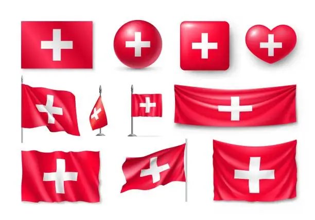 Vector illustration of Set Switzerland flags, banners, banners, symbols, flat icon