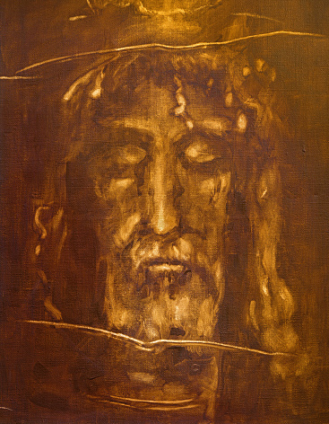 TURIN, ITALY - MARCH 13, 2017: The painting of Jesus Christ face from Shroud of Turin by unknown artist.