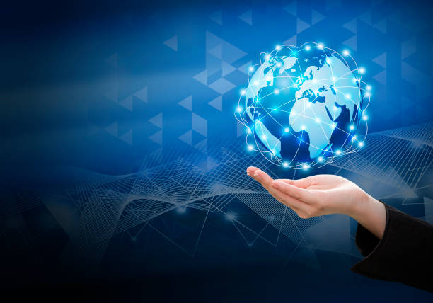 Business woman hand holding global network connection design with copy space