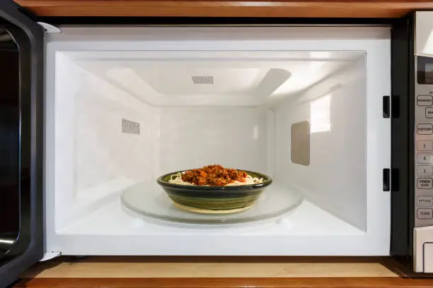 Photo of Kitchen home appliances cooking reheating plate bowl dish meal dinner of cooked spaghetti pasta with Bolognese tomato meat sauce in microwave oven