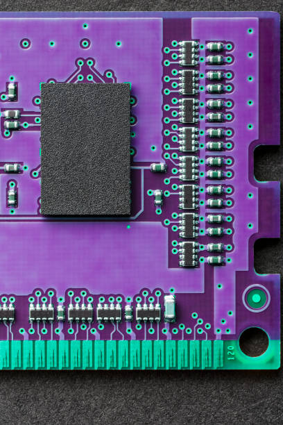 istock Flat lay vertical graphic still life close-up of DIMM RAM computer memory chip module. Microelectronics technology icon or background image with bright, saturated ultra violet ultraviolet and green colors. 916336456