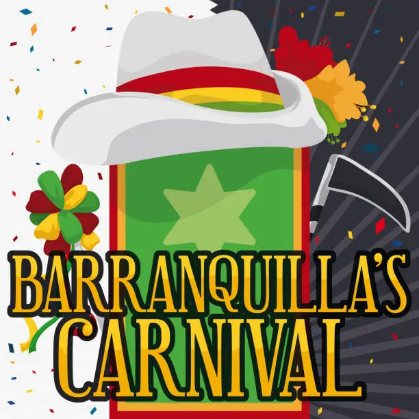 Vector illustration of Hat over Flag for Barranquilla's Carnival with Scythe and Wand