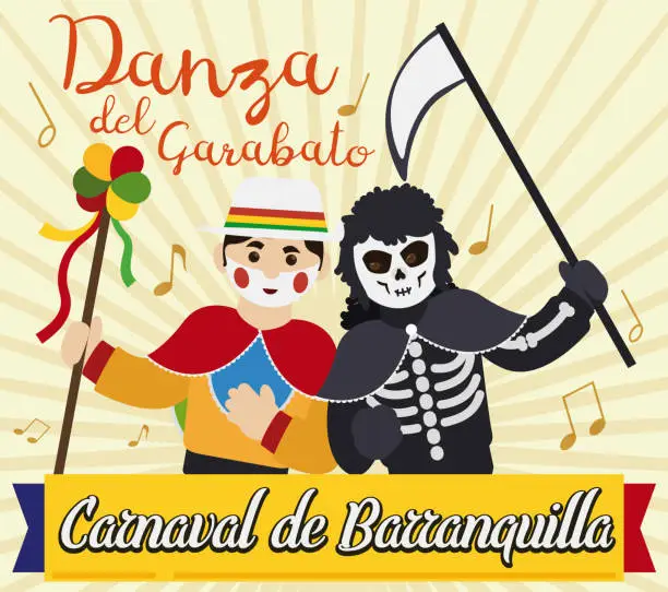 Vector illustration of Garabato Character and Death Dancing in Barranquilla's Carnival