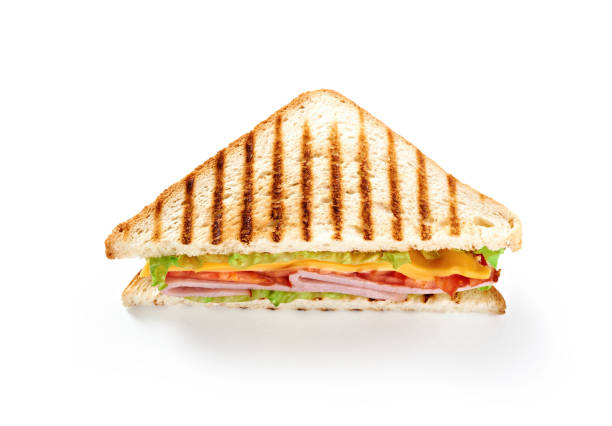 istock Sandwich with ham, cheese, tomatoes, lettuce, and toasted bread. Top view isolated on white background. 916365054