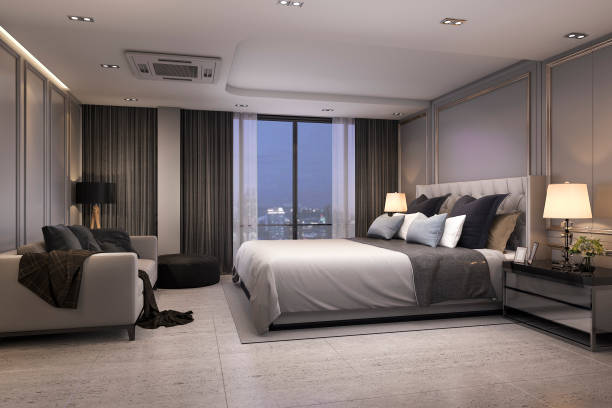 istock 3d rendering modern luxury bedroom suite at night with cozy design 916365730