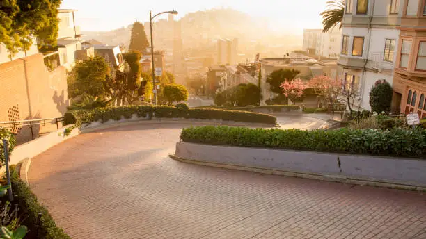 Sunrise at the "World's Crookedest Street" -- Lombard Street - the famous tourist destination of San Francisco.