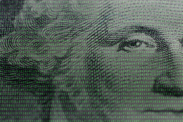 istock president George Washington face portrait on the USA one dollar banknote among binary code 916376120