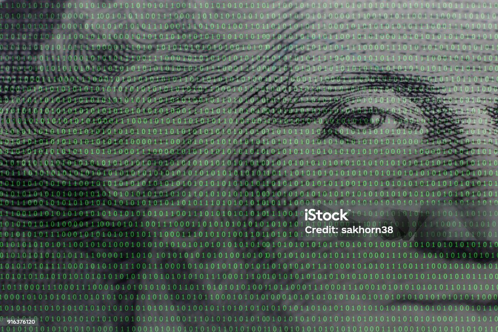 president George Washington face portrait on the USA one dollar banknote among binary code US president George Washington face portrait on the USA one dollar banknote among binary code background,concept of crypto currency Technology Stock Photo
