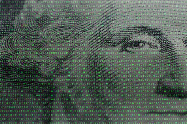 president George Washington face portrait on the USA one dollar banknote among binary code US president George Washington face portrait on the USA one dollar banknote among binary code background,concept of crypto currency us paper currency photos stock pictures, royalty-free photos & images