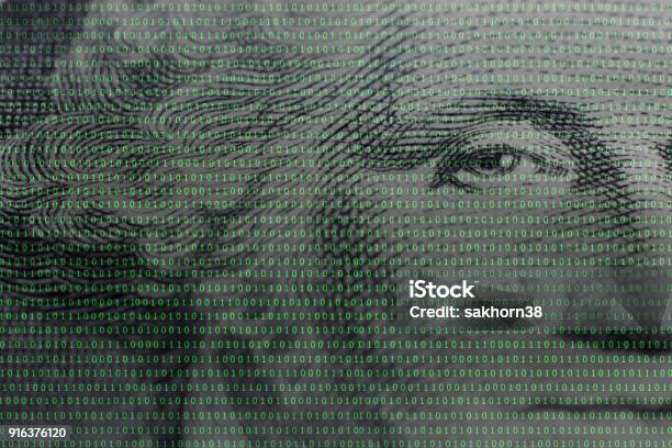 President George Washington Face Portrait On The Usa One Dollar Banknote Among Binary Code Stock Photo - Download Image Now