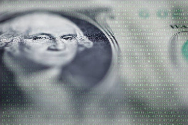 istock president George Washington face portrait on the USA one dollar banknote among binary code 916376140