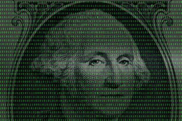 istock president George Washington face portrait on the USA one dollar banknote among binary code 916376204