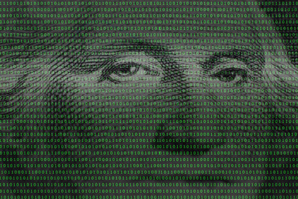 istock president George Washington face portrait on the USA one dollar banknote among binary code 916376206