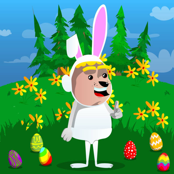 ilustraciones, imágenes clip art, dibujos animados e iconos de stock de niño disfrazado de conejo de pascua apunta al espectador. - easter rabbit baby rabbit mascot