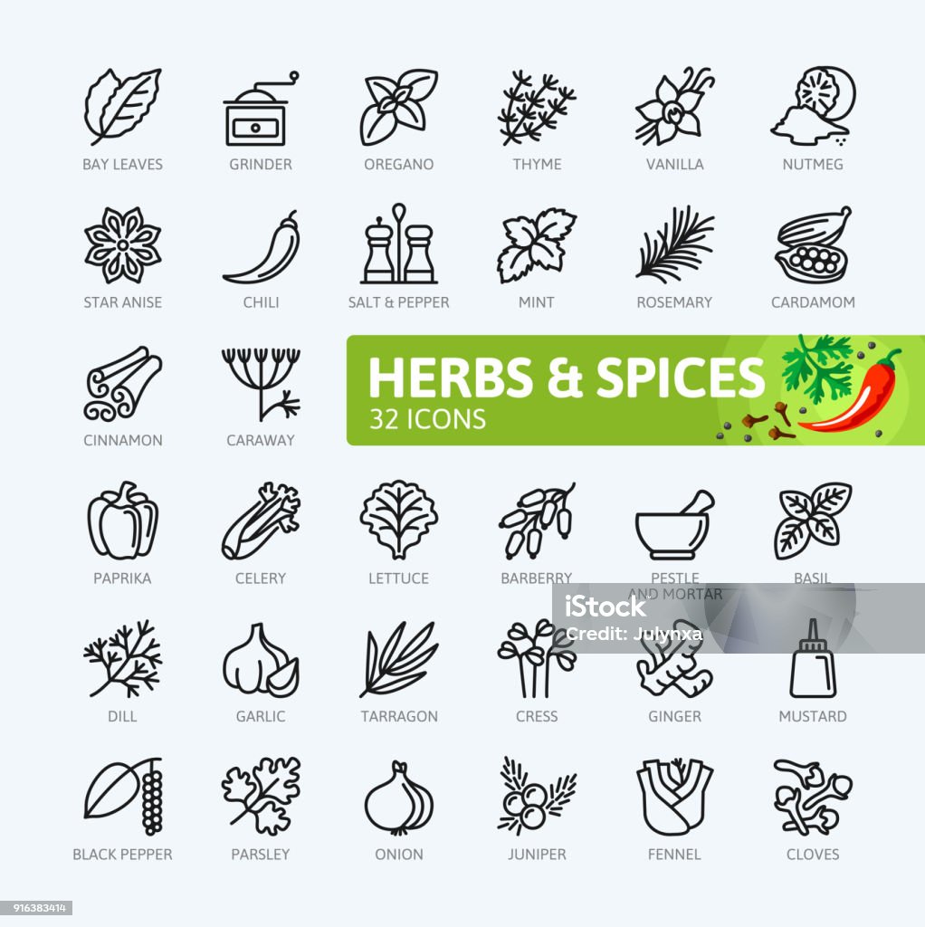 Spices, condiments and herbs  - outline icons collection Spices, condiments and herbs  - minimal thin line web icon set. Outline icons collection. Simple vector illustration. Icon Symbol stock vector