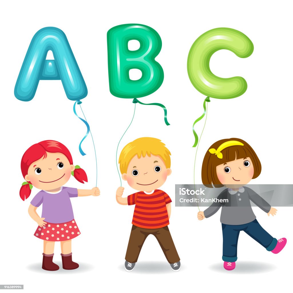 Tegen de wil Negen magneet Cartoon Kinderen Houden Brief Abc Vormige Ballonnen Stockvectorkunst en  meer beelden van Afgelegen - iStock