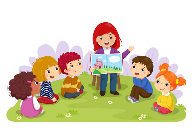 ilustraciones, imágenes clip art, dibujos animados e iconos de stock de maestro contar una historia a los niños de cuarto de niños en el jardín - preschool teacher